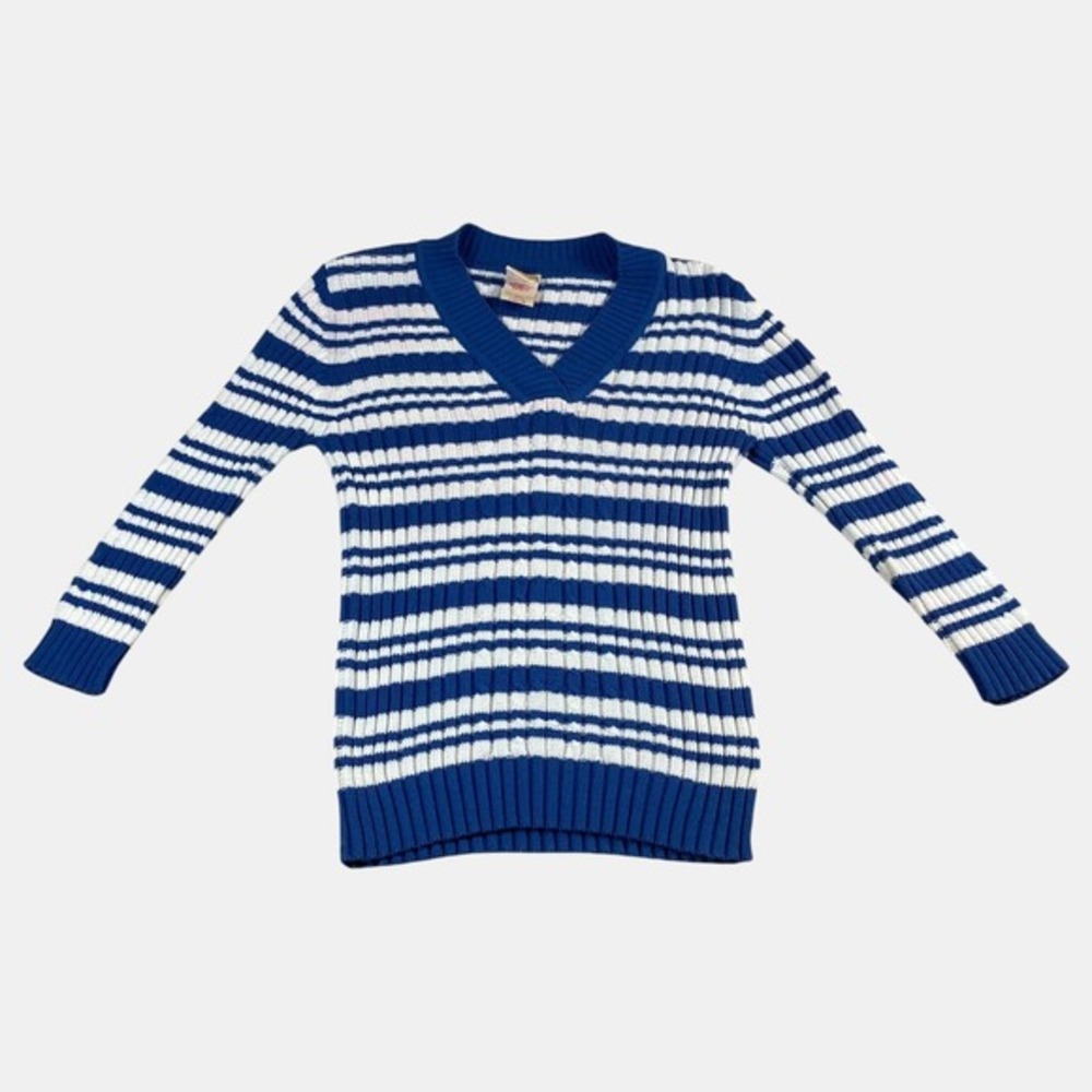 Faded Glory Blue White Striped V-Neck Pullover Sweater Casual Cozy Size Large